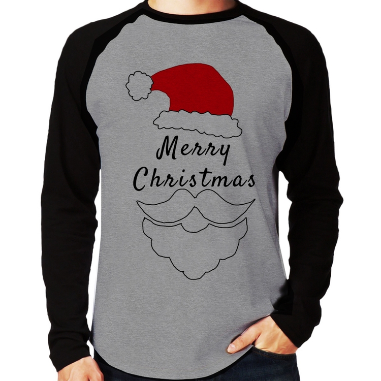 Camiseta Raglan Merry Christmas Manga Longa - Cinza/Preto