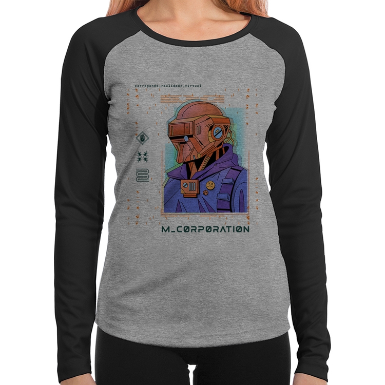 Baby Look Raglan Metaverse Corporation Manga Longa - Cinza/Preto