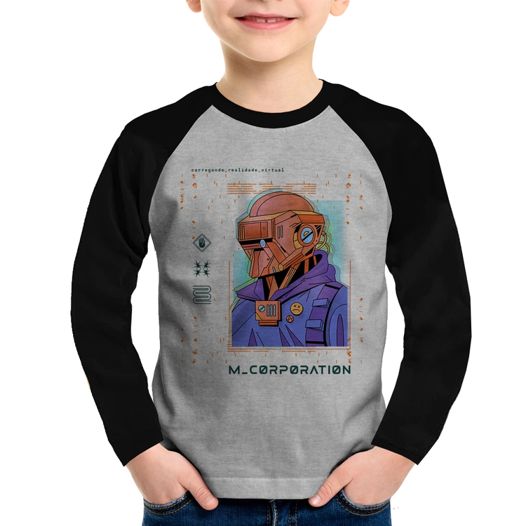 Camiseta Raglan Infantil Metaverse Corporation Manga Longa - Cinza/Preto