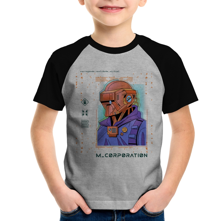 Camiseta Raglan Infantil Metaverse Corporation - Cinza/Preto