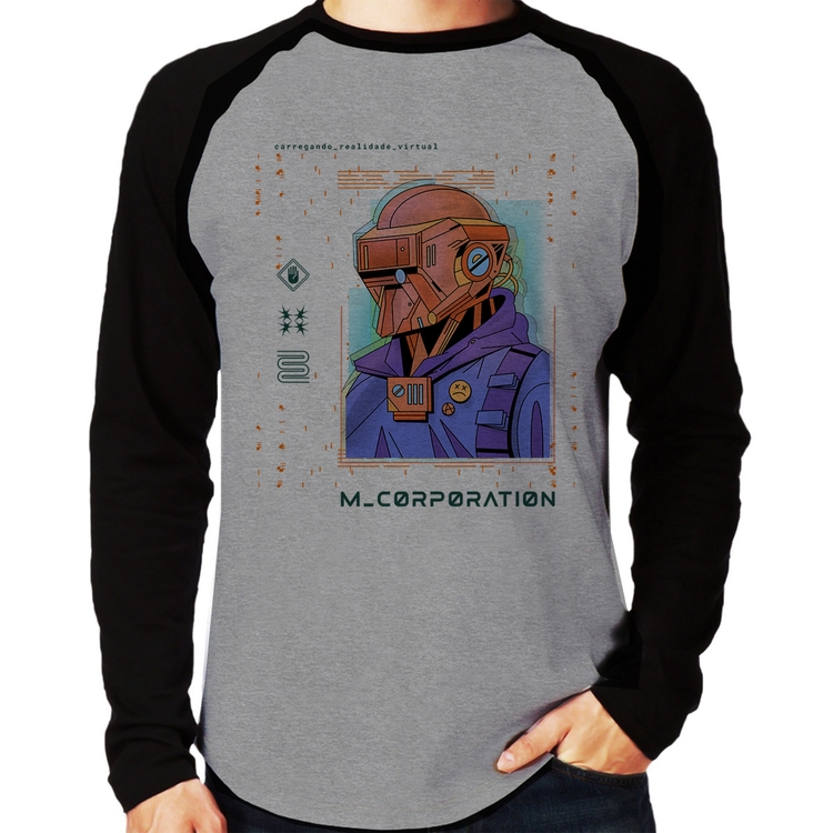 Camiseta Raglan Metaverse Corporation Manga Longa - Cinza/Preto