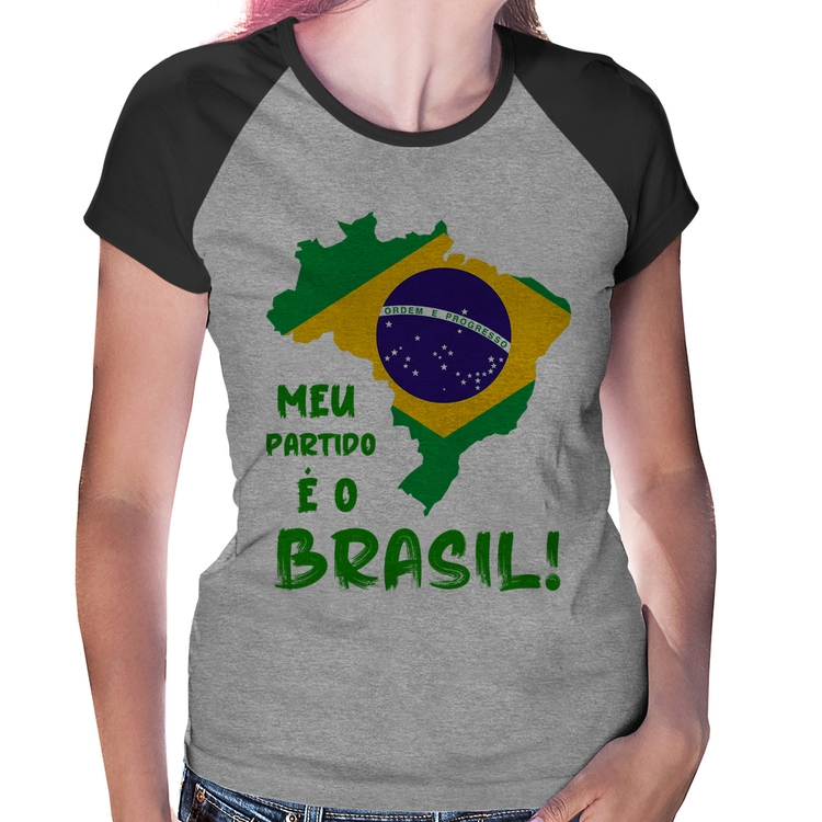 Baby Look Raglan Meu partido é o Brasil - Cinza/Preto