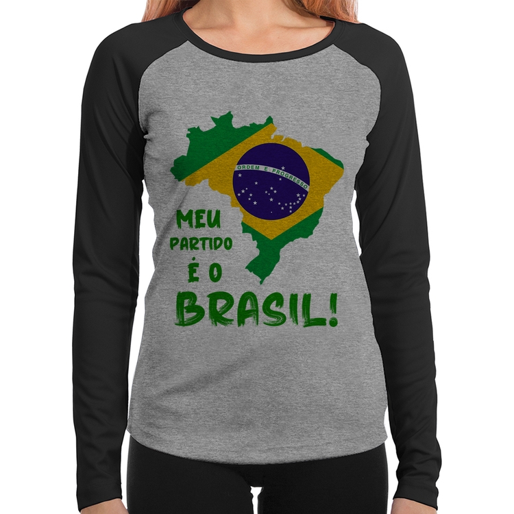 Baby Look Raglan Meu partido é o Brasil Manga Longa - Cinza/Preto