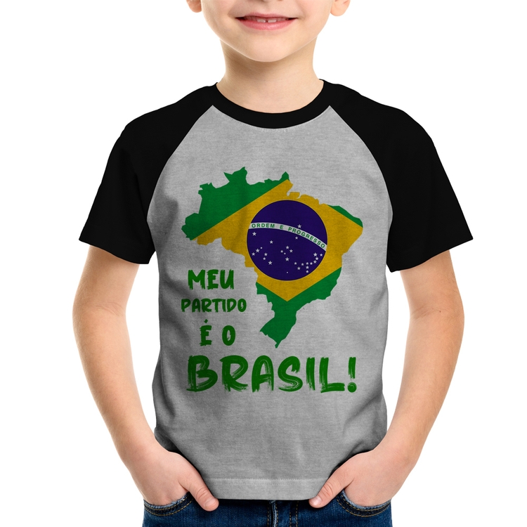 Camiseta Raglan Infantil Meu partido é o Brasil - Cinza/Preto