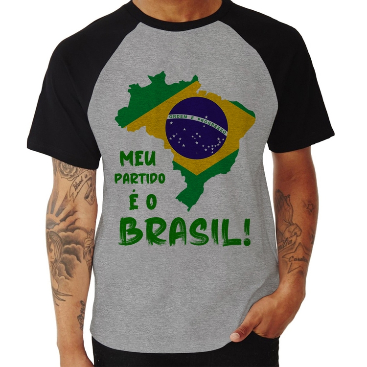 Camiseta Raglan Meu partido é o Brasil - Cinza/Preto