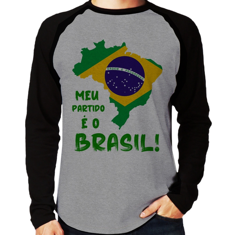 Camiseta Raglan Meu partido é o Brasil Manga Longa - Cinza/Preto