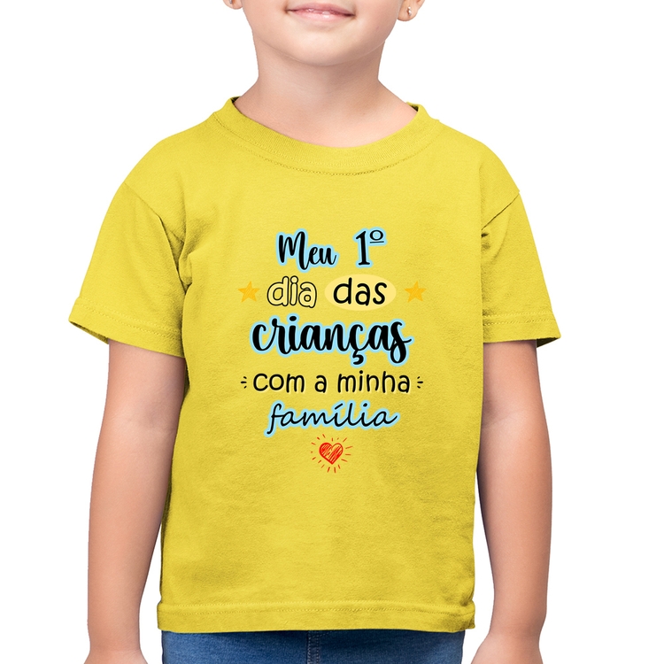 Camiseta Algodão Infantil Meu primeiro dia das crianças (azul) - Amarelo Canário