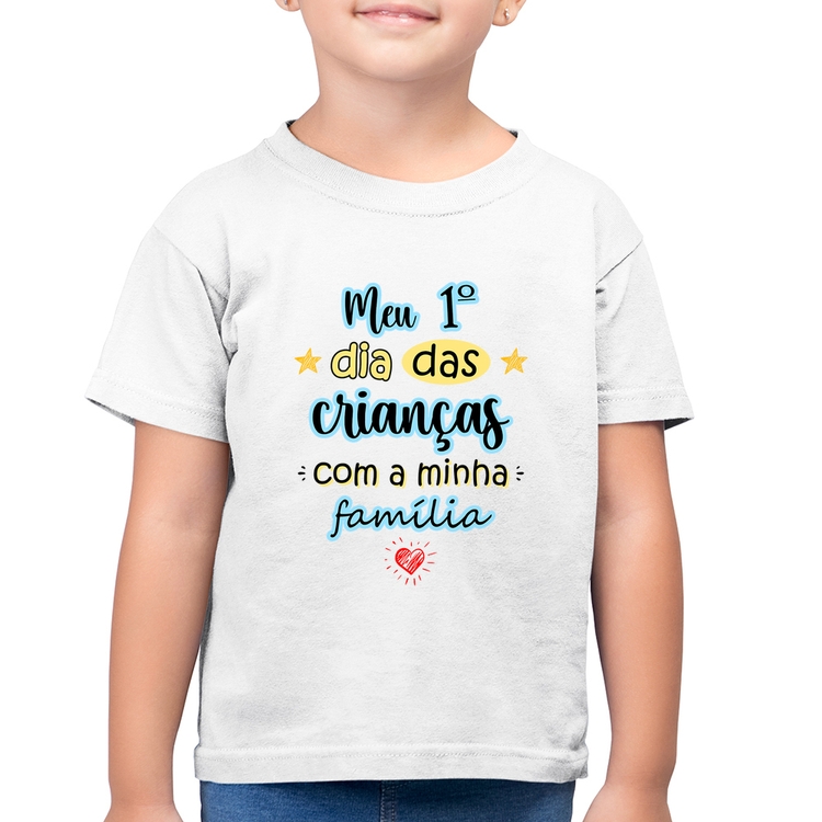 Camiseta Algodão Infantil Meu primeiro dia das crianças (azul) - Branca