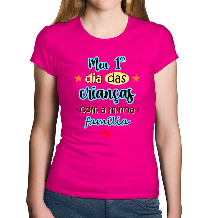 Baby Look Algodão Meu primeiro dia das crianças (azul) - Rosa
