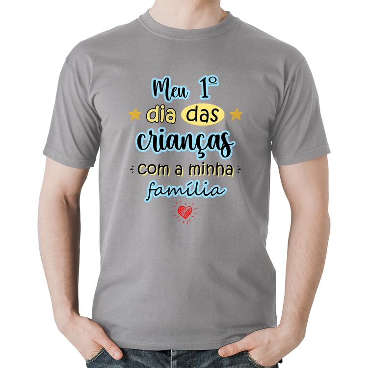 Camiseta Algodão Meu primeiro dia das crianças (azul) - Cinza