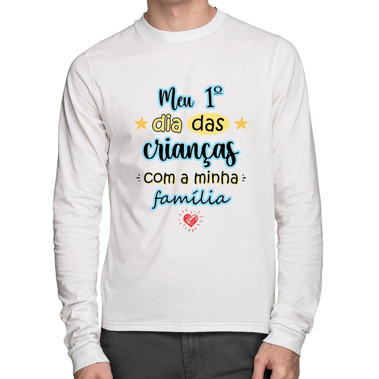 Camiseta Algodão Meu primeiro dia das crianças (azul) Manga Longa - Branca