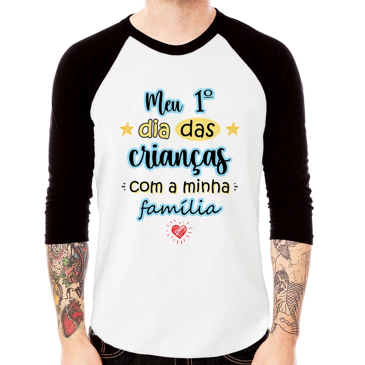 Camiseta Raglan Meu primeiro dia das crianças (azul) Manga 3/4