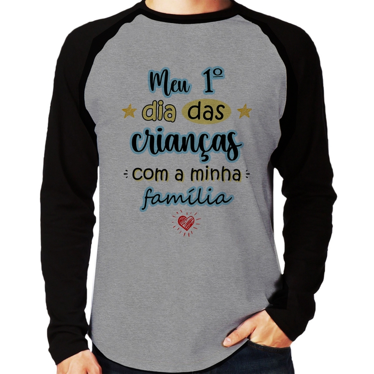 Camiseta Raglan Meu primeiro dia das crianças (azul) Manga Longa - Cinza/Preto