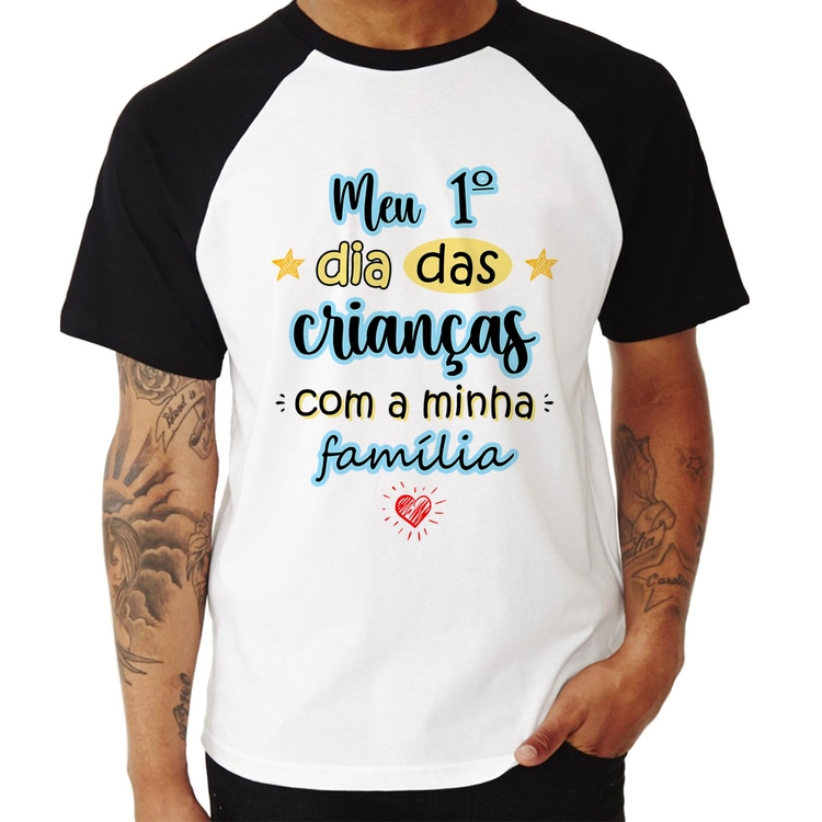 Camiseta Raglan Meu primeiro dia das crianças (azul)