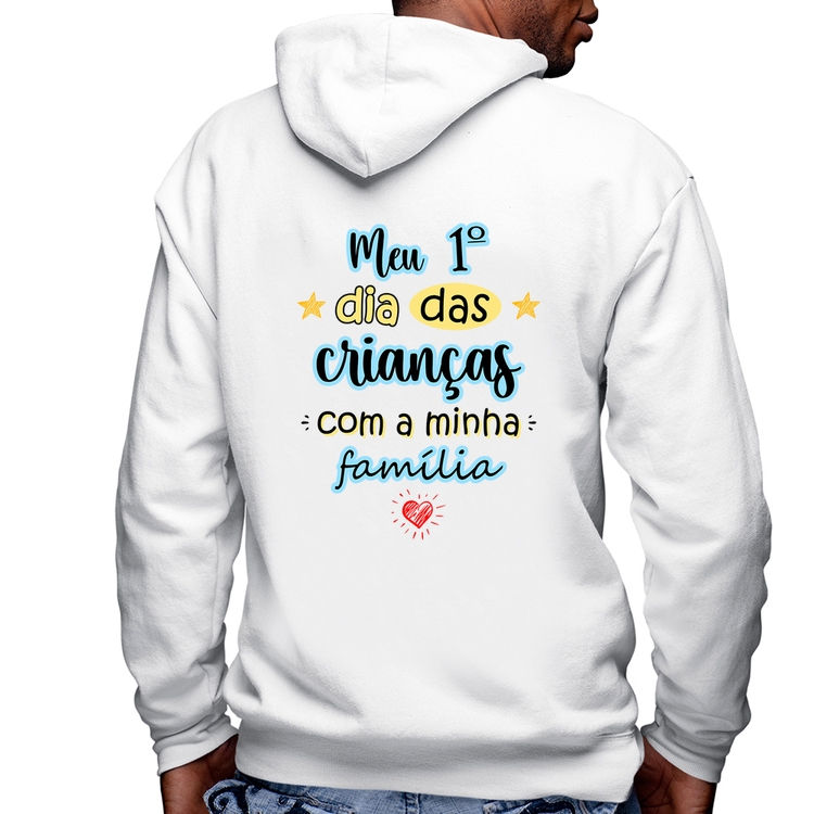 Blusa Moletom Meu primeiro dia das crianças (azul) Masculina com Capuz e Zíper - Branca