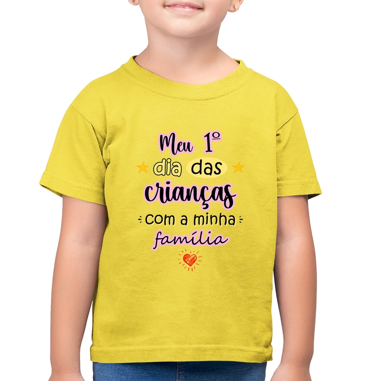 Camiseta Algodão Infantil Meu primeiro dia das crianças (rosa) - Amarelo Canário