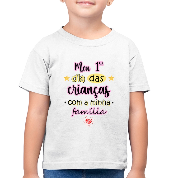 Camiseta Algodão Infantil Meu primeiro dia das crianças (rosa) - Branca