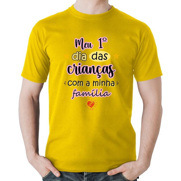 Camiseta Algodão Meu primeiro dia das crianças (rosa) - Amarela