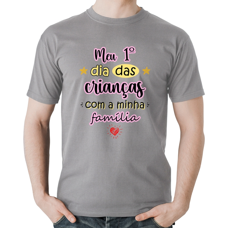 Camiseta Algodão Meu primeiro dia das crianças (rosa) - Cinza