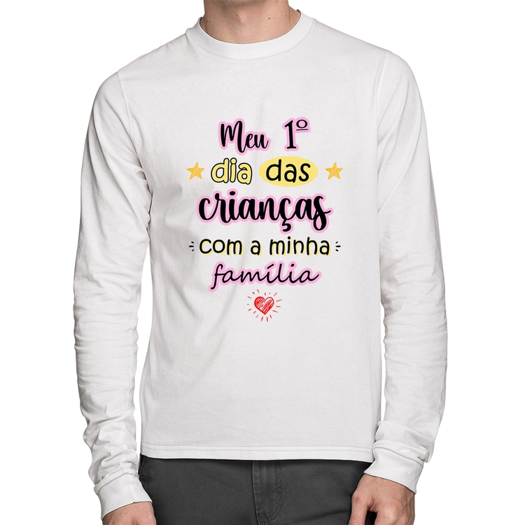 Camiseta Algodão Meu primeiro dia das crianças (rosa) Manga Longa - Branca