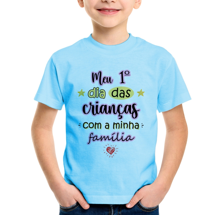 Camiseta Infantil Meu primeiro dia das crianças (rosa) - Azul Bebê
