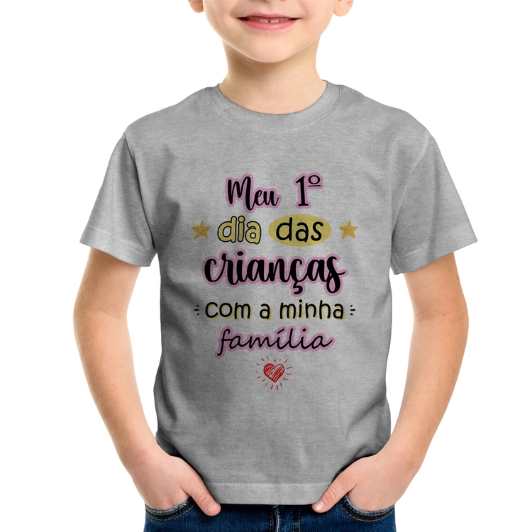Camiseta Infantil Meu primeiro dia das crianças (rosa) - Cinza