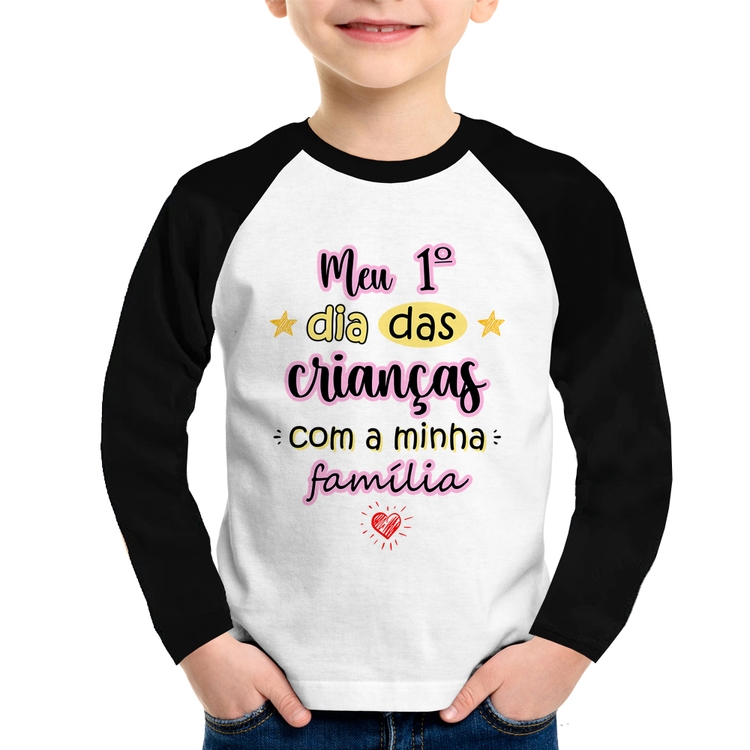 Camiseta Raglan Infantil Meu primeiro dia das crianças (rosa) Manga Longa