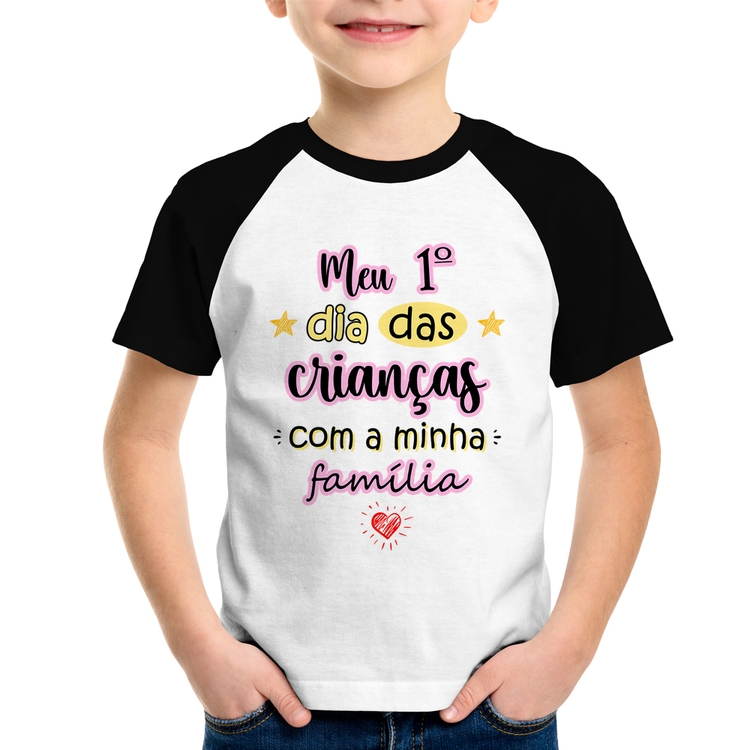 Camiseta Raglan Infantil Meu primeiro dia das crianças (rosa)