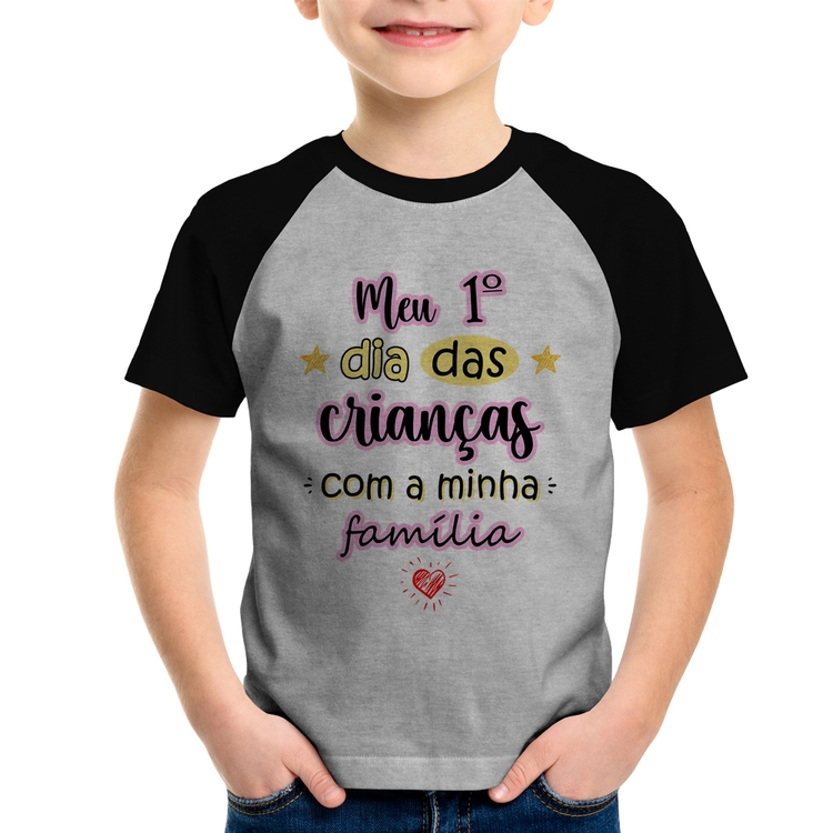 Camiseta Raglan Infantil Meu primeiro dia das crianças (rosa) - Cinza/Preto