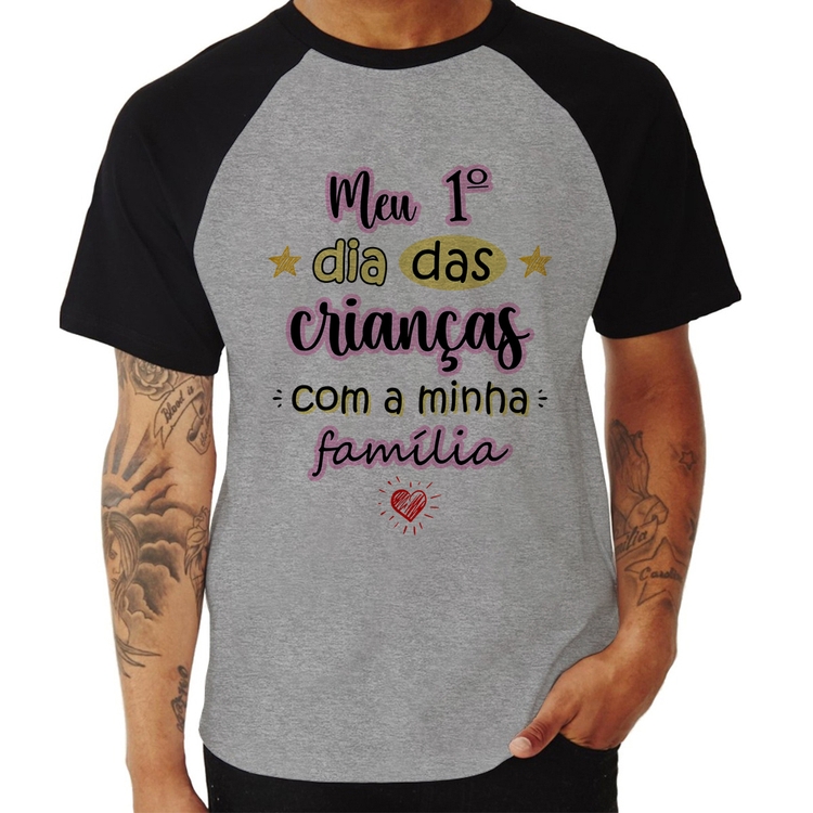 Camiseta Raglan Meu primeiro dia das crianças (rosa) - Cinza/Preto