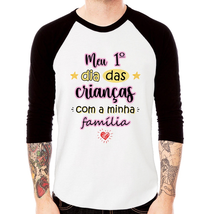 Camiseta Raglan Meu primeiro dia das crianças (rosa) Manga 3/4