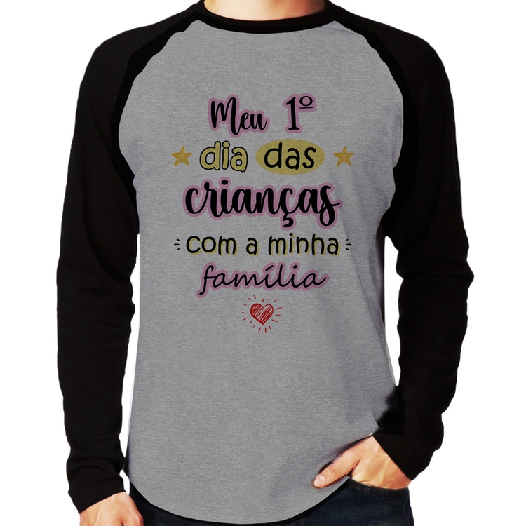 Camiseta Raglan Meu primeiro dia das crianças (rosa) Manga Longa - Cinza/Preto