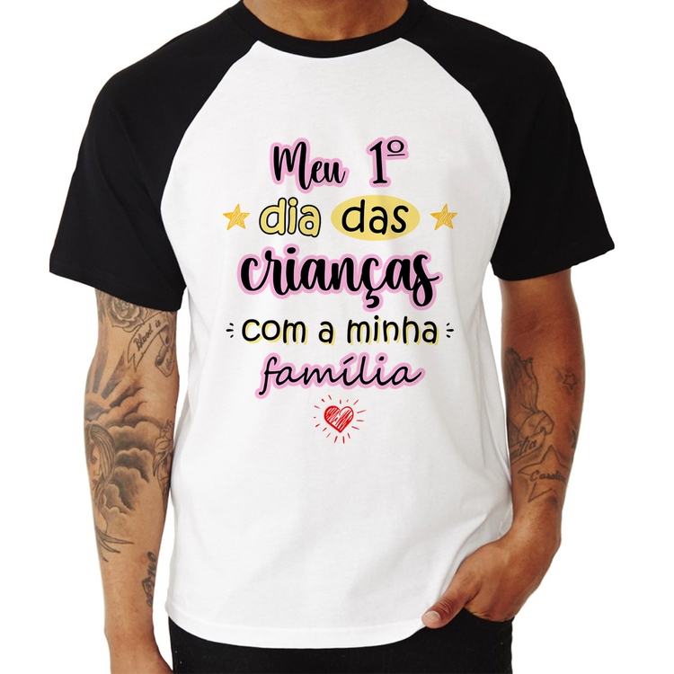 Camiseta Raglan Meu primeiro dia das crianças (rosa)