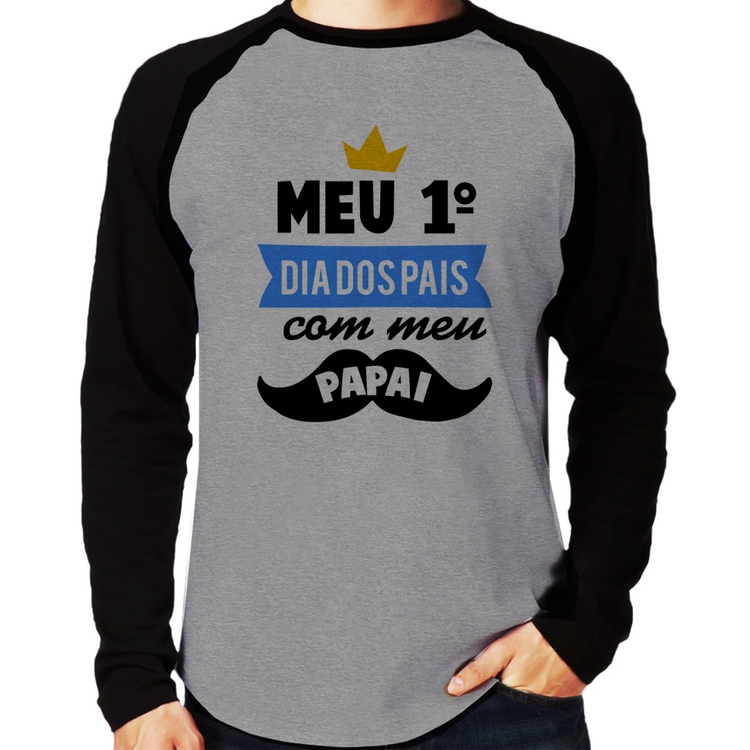 Camiseta Raglan Meu primeiro dia dos pais com meu papai Manga Longa - Cinza/Preto