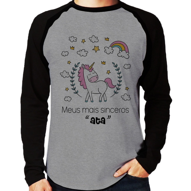 Camiseta Raglan Meus mais sinceros "ata" Manga Longa - Cinza/Preto
