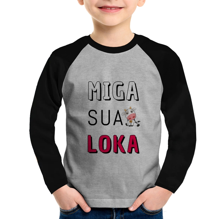 Camiseta Raglan Infantil Miga Sua Loka Manga Longa - Cinza/Preto