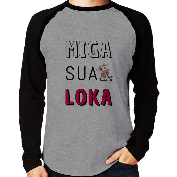 Camiseta Raglan Miga Sua Loka Manga Longa - Cinza/Preto