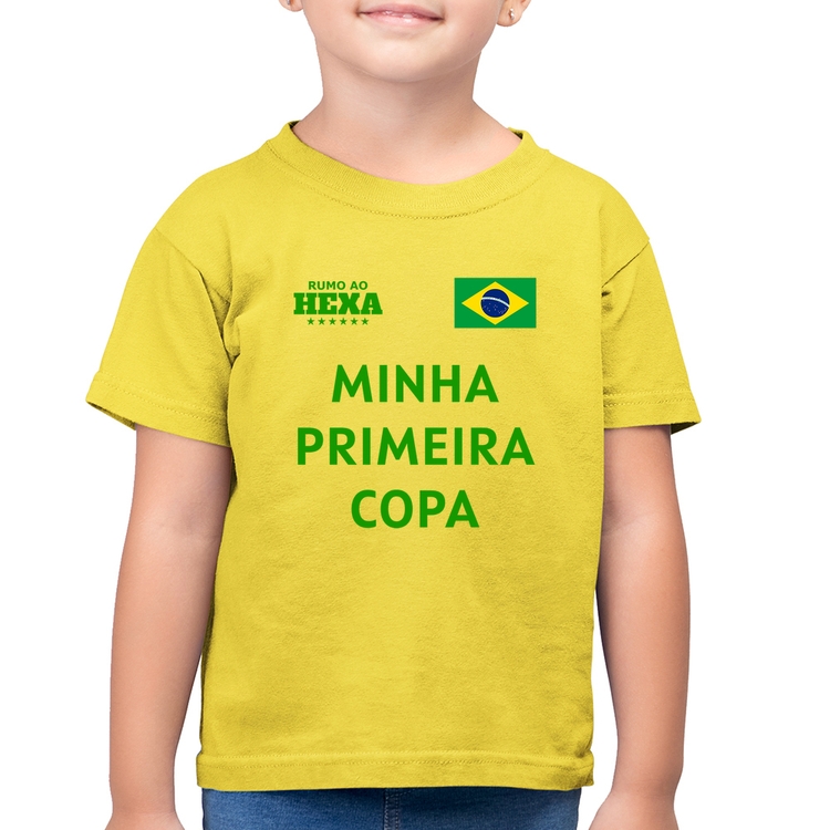 Camiseta Algodão Infantil Minha Primeira Copa do Mundo - Amarelo Canário