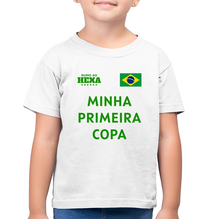 Camiseta Algodão Infantil Minha Primeira Copa do Mundo - Branca