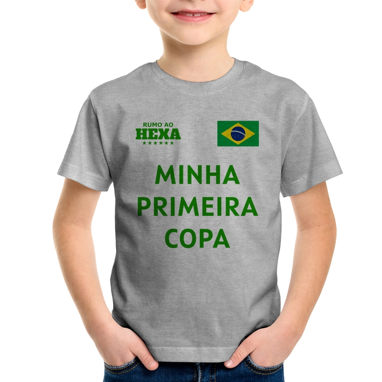 Camiseta Infantil Minha Primeira Copa do Mundo - Cinza