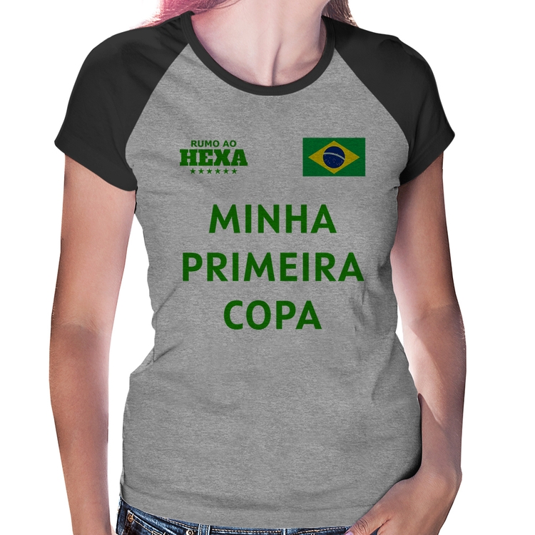 Baby Look Raglan Minha Primeira Copa do Mundo - Cinza/Preto