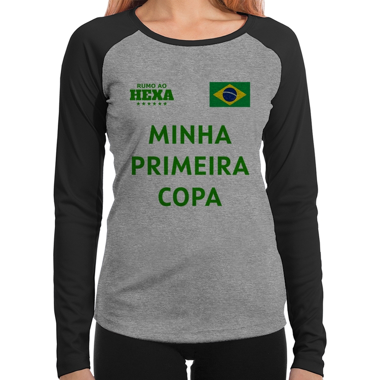 Baby Look Raglan Minha Primeira Copa do Mundo Manga Longa - Cinza/Preto