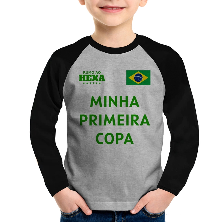 Camiseta Raglan Infantil Minha Primeira Copa do Mundo Manga Longa - Cinza/Preto