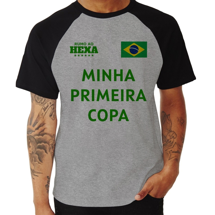 Camiseta Raglan Minha Primeira Copa do Mundo - Cinza/Preto