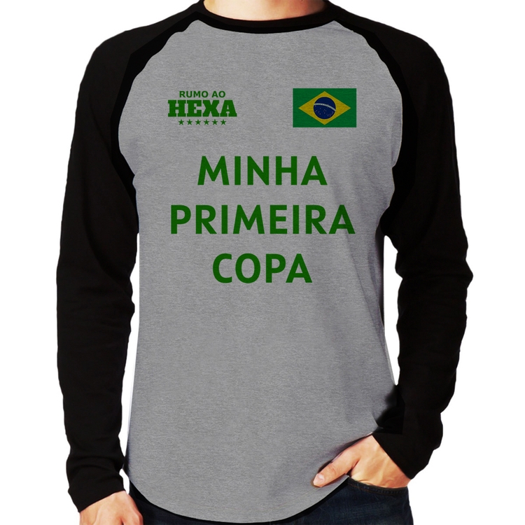 Camiseta Raglan Minha Primeira Copa do Mundo Manga Longa - Cinza/Preto