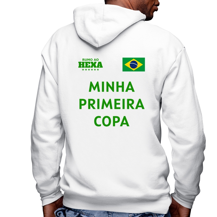Blusa Moletom Minha Primeira Copa do Mundo Masculina com Capuz e Zíper - Branca