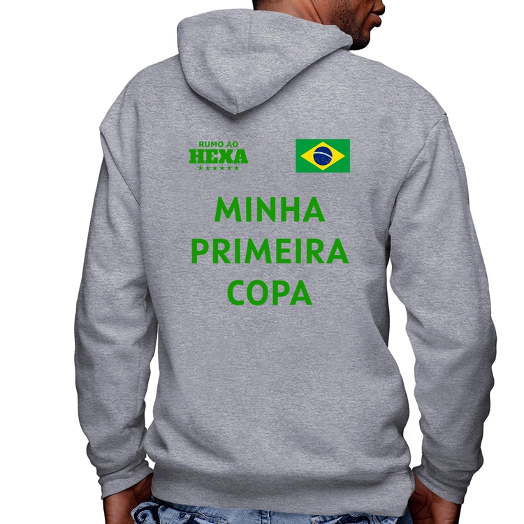 Blusa Moletom Minha Primeira Copa do Mundo Masculina com Capuz e Zíper - Mescla