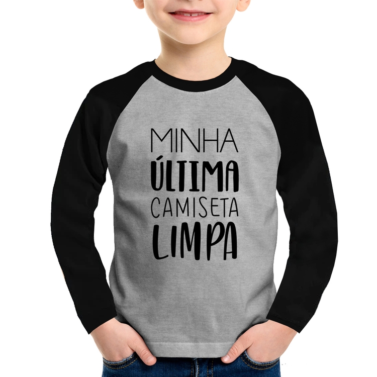 Camiseta Raglan Infantil Minha última camiseta limpa Manga Longa - Cinza/Preto