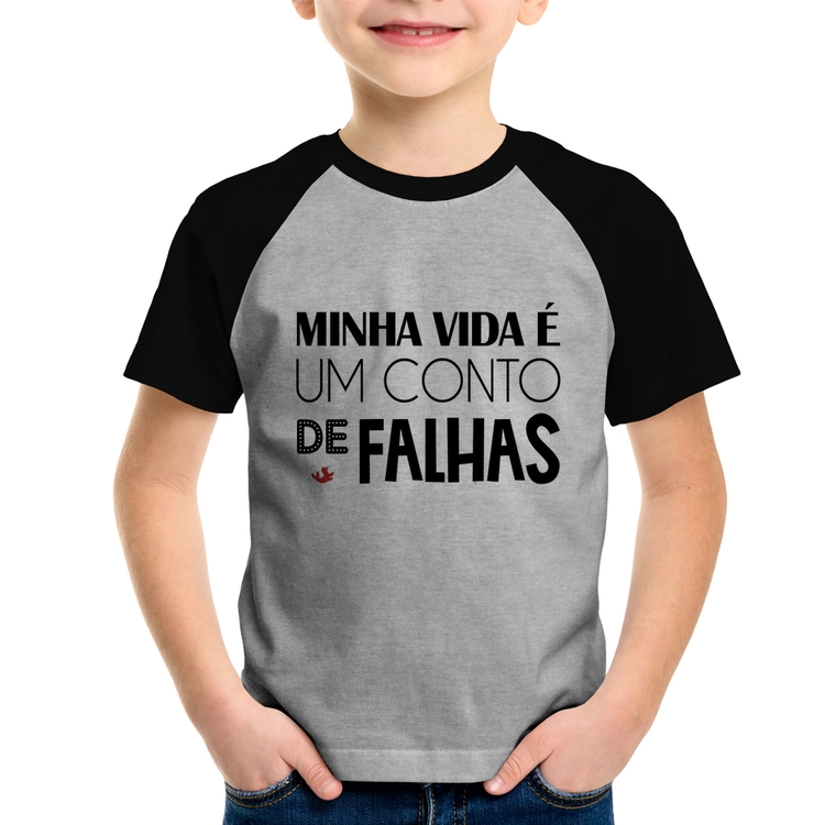 Camiseta Raglan Infantil Minha vida é um conto de falhas - Cinza/Preto