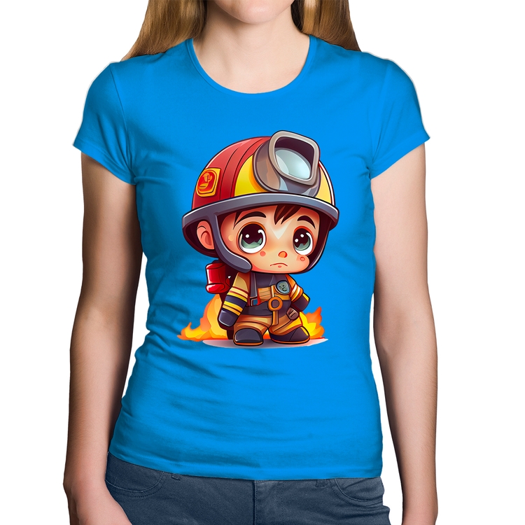 Baby Look Algodão  Mini Bombeiro  - Azul